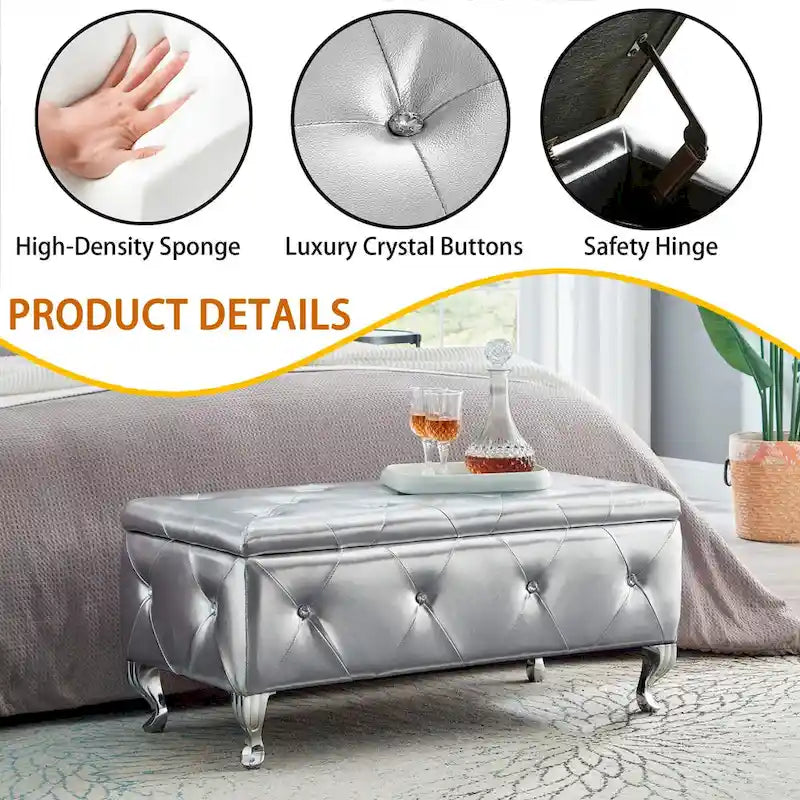 Upholstered Storage Ottoman Bench with Crystal Button Detail