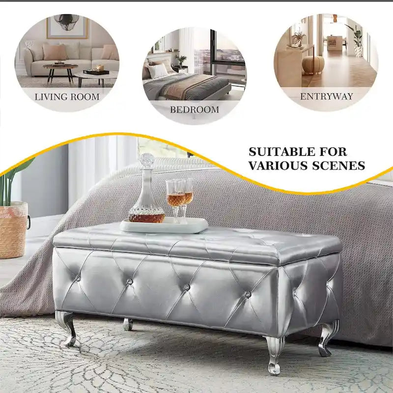 Upholstered Storage Ottoman Bench with Crystal Button Detail