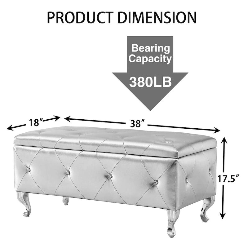 Upholstered Storage Ottoman Bench with Crystal Button Detail