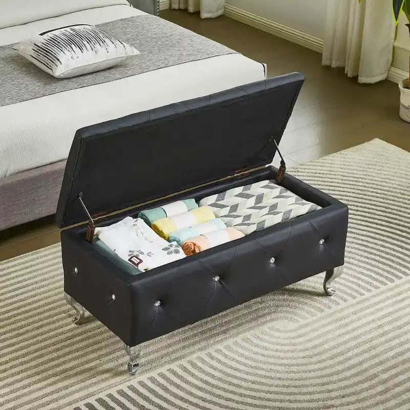 Upholstered Storage Ottoman Bench with Crystal Button Detail