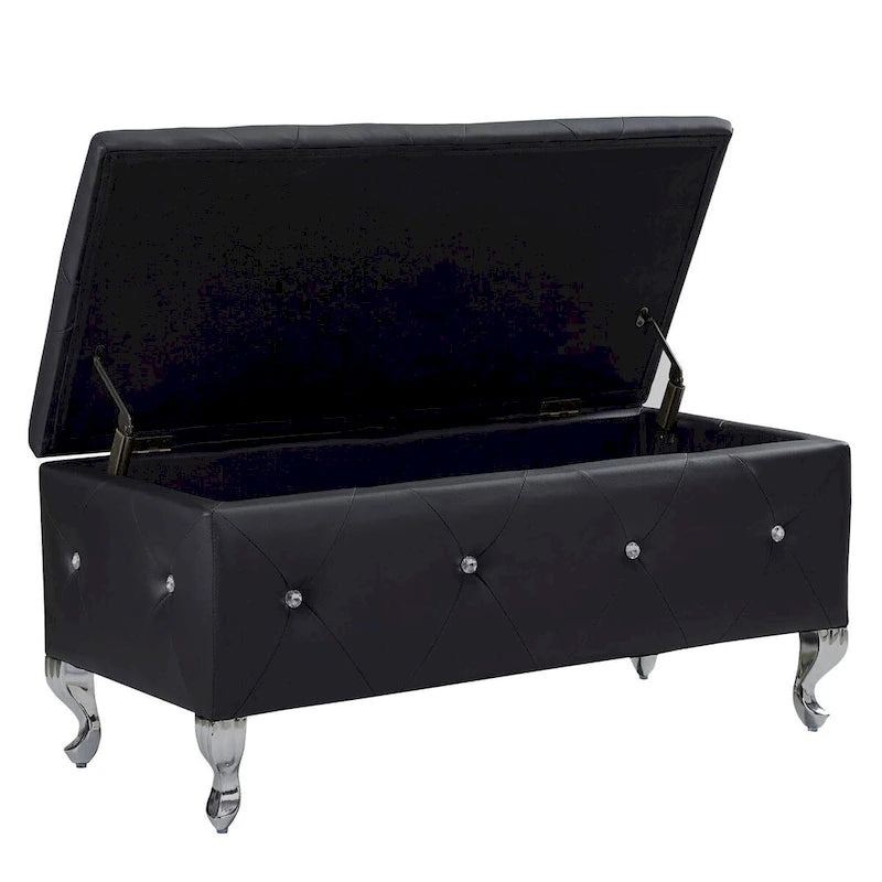 Upholstered Storage Ottoman Bench with Crystal Button Detail