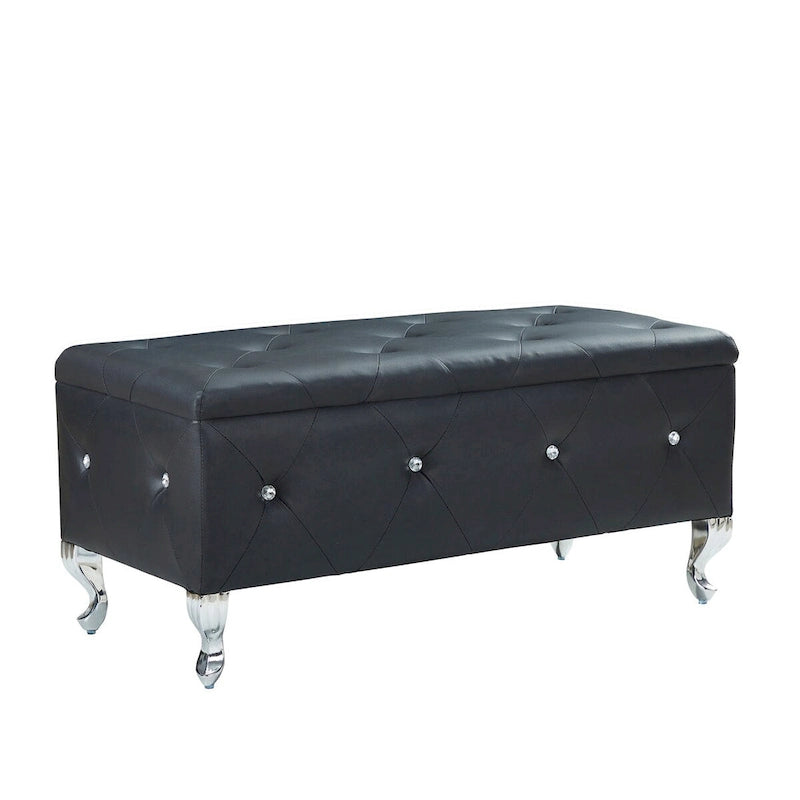 Upholstered Storage Ottoman Bench with Crystal Button Detail