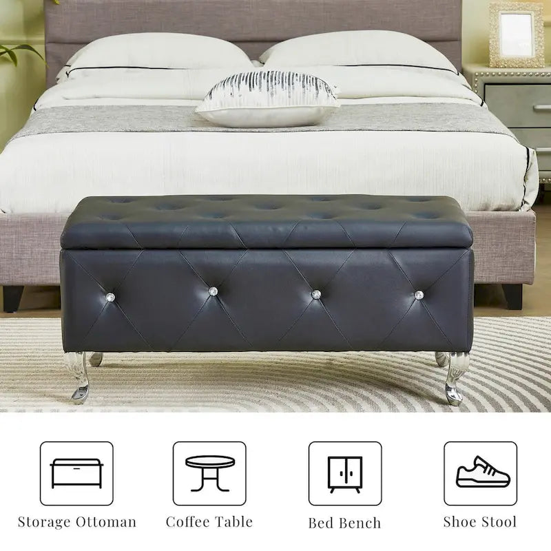 Upholstered Storage Ottoman Bench with Crystal Button Detail