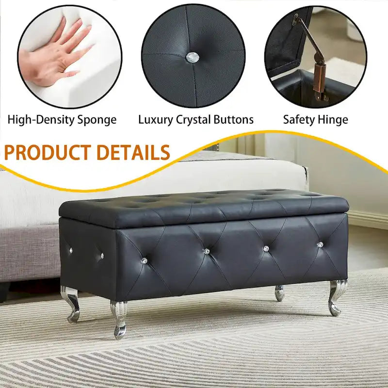 Upholstered Storage Ottoman Bench with Crystal Button Detail