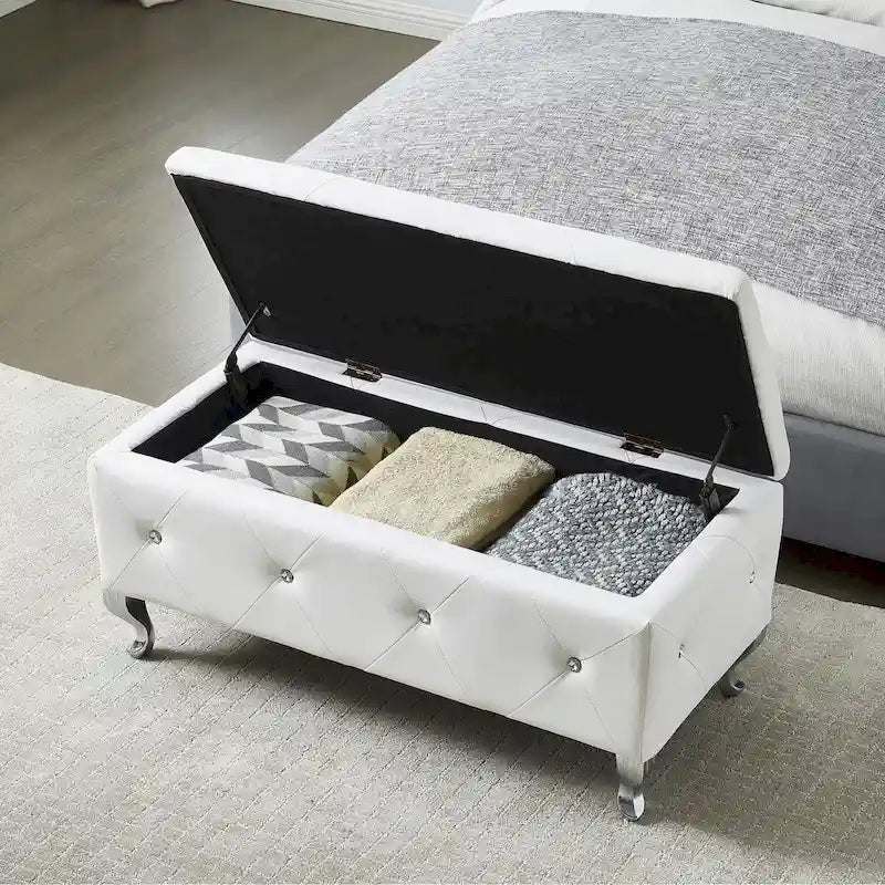Upholstered Storage Ottoman Bench with Crystal Button Detail