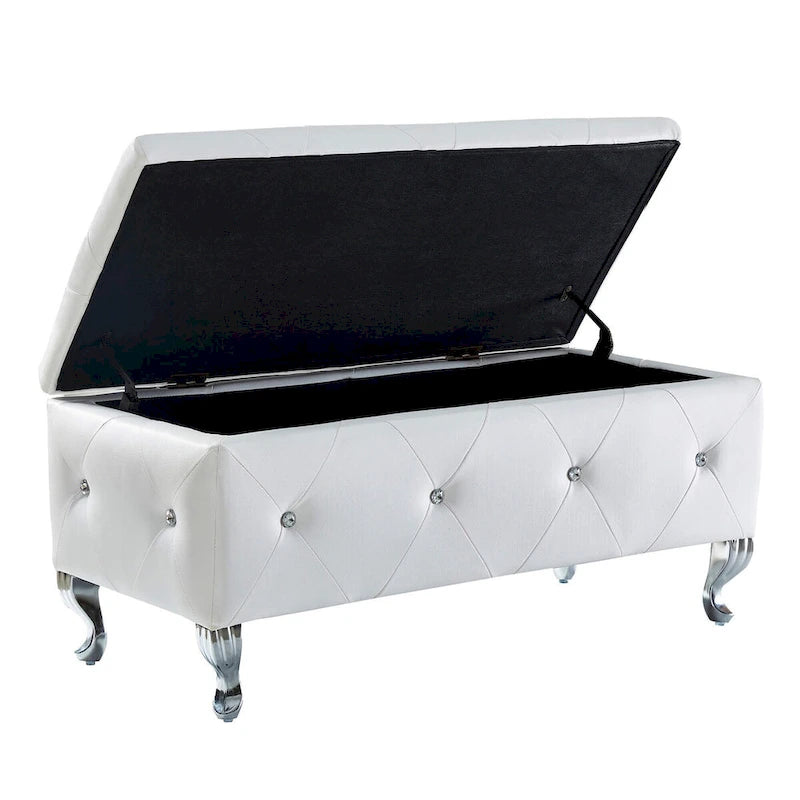 Upholstered Storage Ottoman Bench with Crystal Button Detail