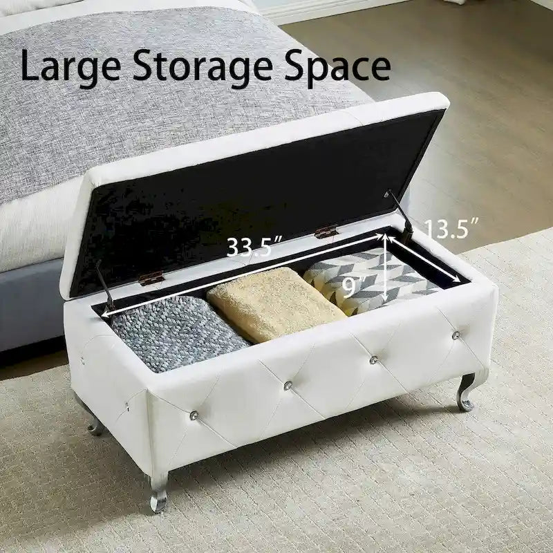 Upholstered Storage Ottoman Bench with Crystal Button Detail