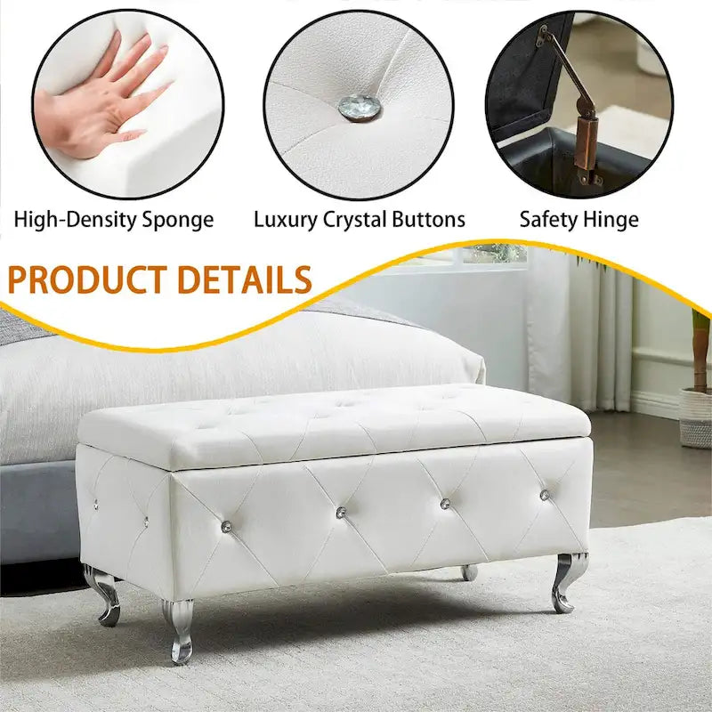 Upholstered Storage Ottoman Bench with Crystal Button Detail