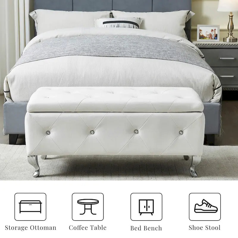 Upholstered Storage Ottoman Bench with Crystal Button Detail