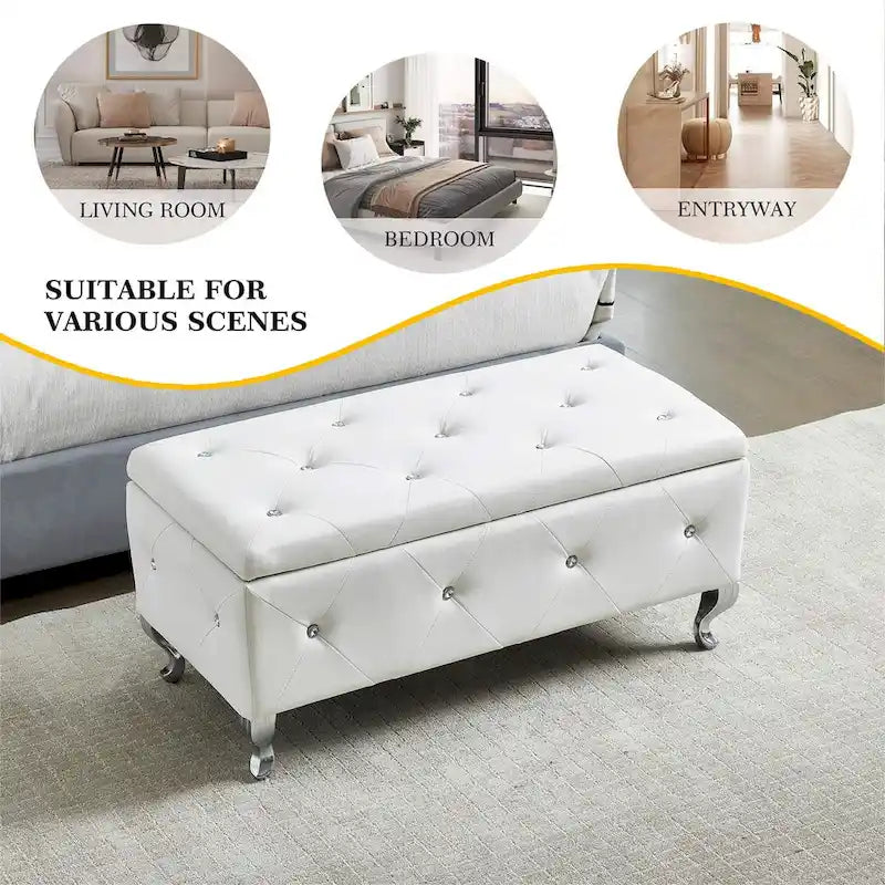 Upholstered Storage Ottoman Bench with Crystal Button Detail