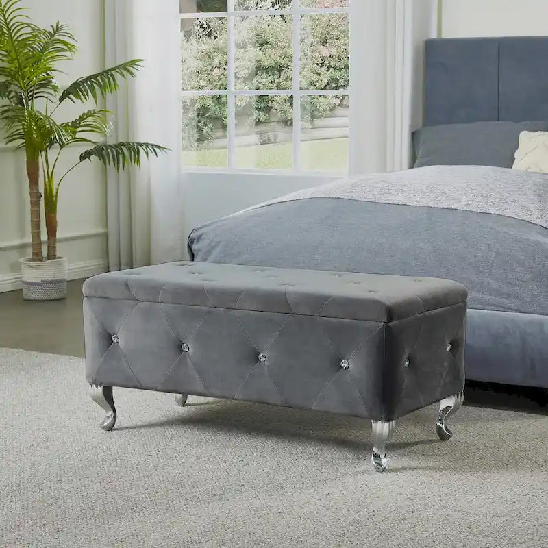 Upholstered Storage Ottoman Bench with Crystal Button Detail