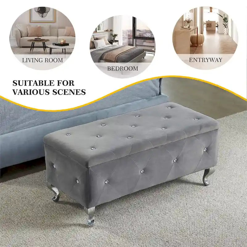 Upholstered Storage Ottoman Bench with Crystal Button Detail