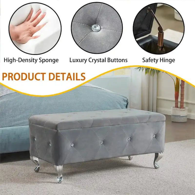 Upholstered Storage Ottoman Bench with Crystal Button Detail