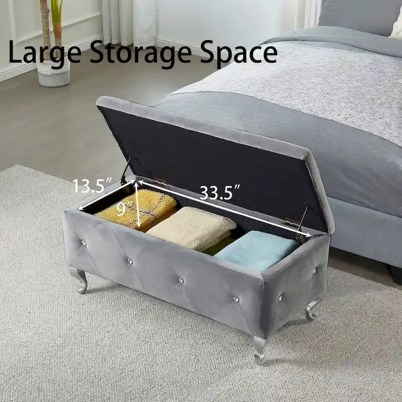 Upholstered Storage Ottoman Bench with Crystal Button Detail