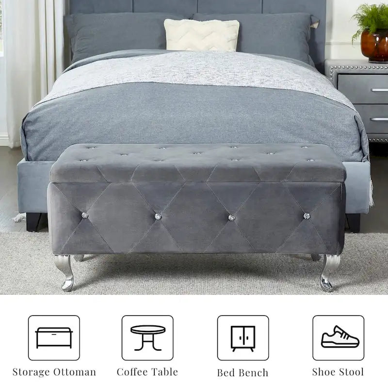 Upholstered Storage Ottoman Bench with Crystal Button Detail
