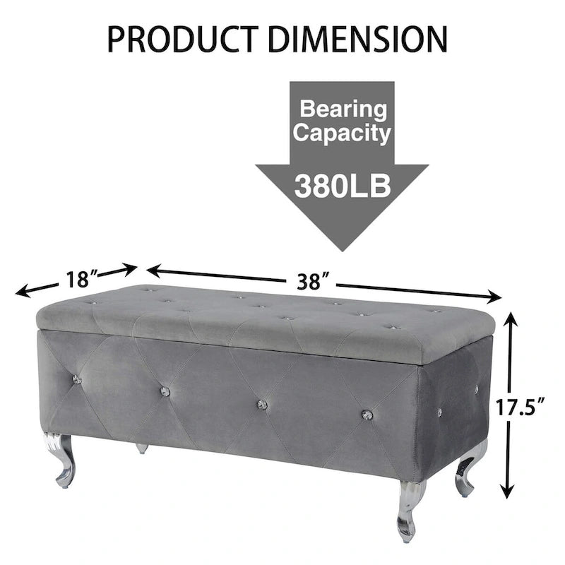 Upholstered Storage Ottoman Bench with Crystal Button Detail