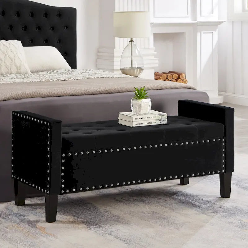 Upholstered Storage Bench with Armrest and Tufted Seat