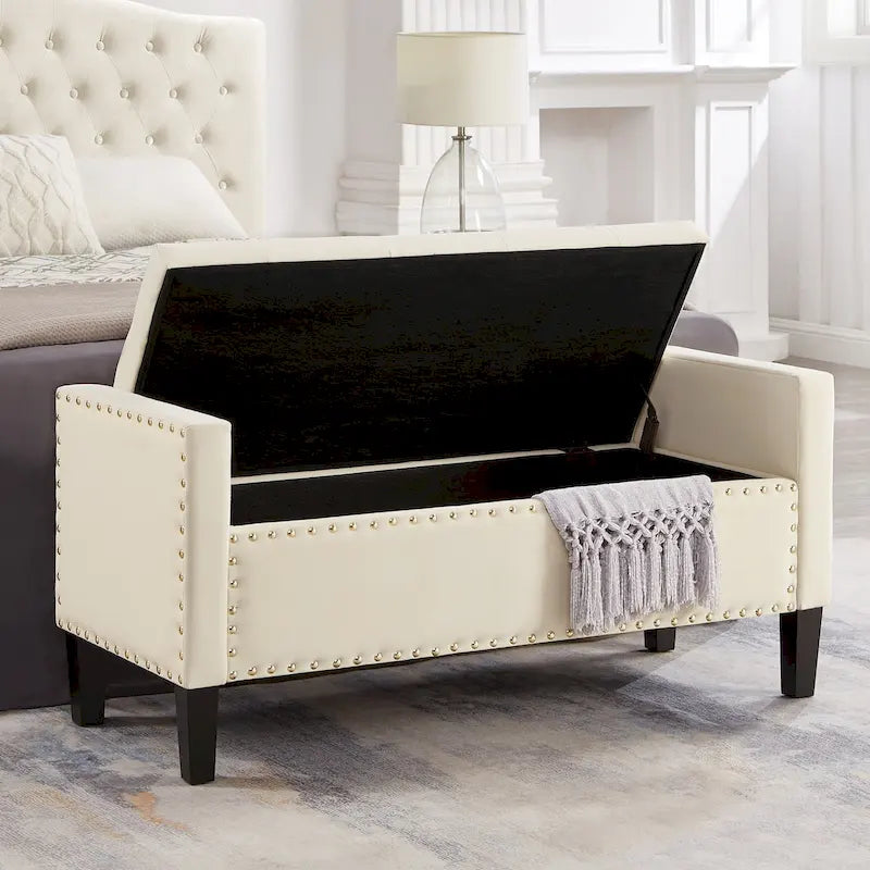 Upholstered Storage Bench with Armrest and Tufted Seat