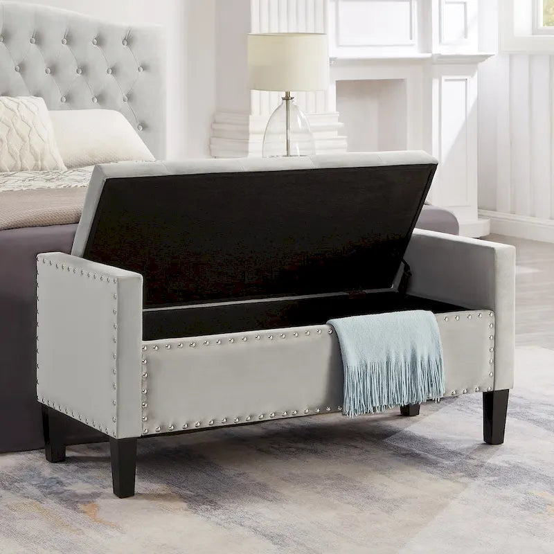 Upholstered Storage Bench with Armrest and Tufted Seat