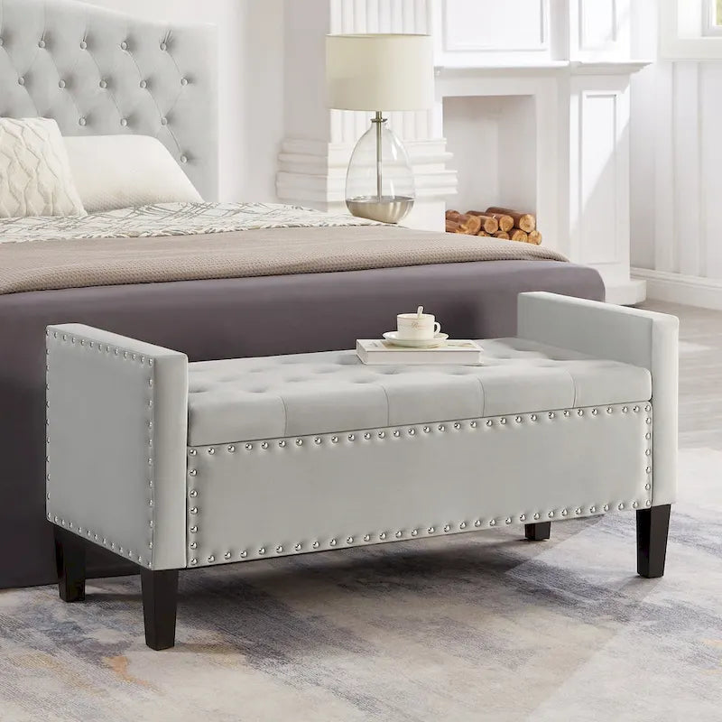 Upholstered Storage Bench with Armrest and Tufted Seat