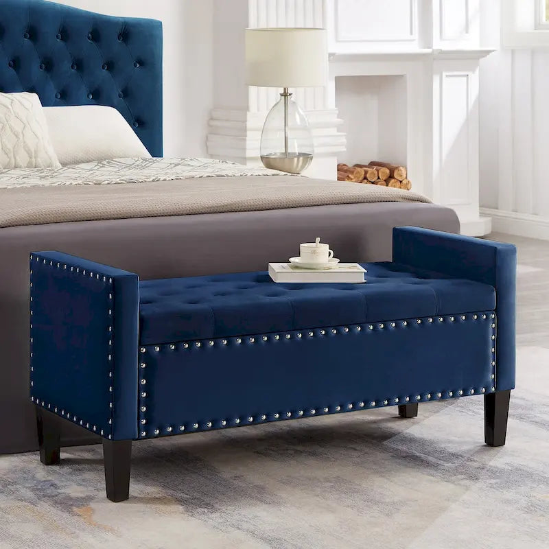 Upholstered Storage Bench with Armrest and Tufted Seat