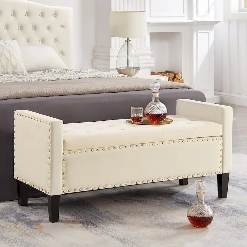 Upholstered Storage Bench with Armrest and Tufted Seat