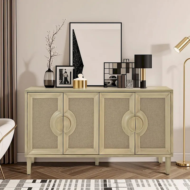 4-Door Storage Cabinet with Linen Decorated Doors and Adjustable Shelf