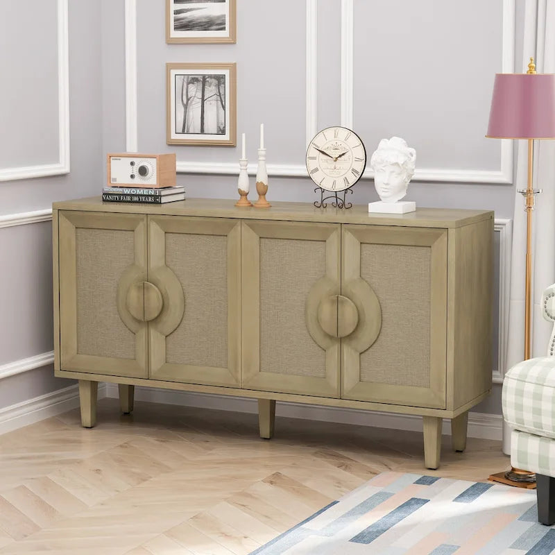4-Door Storage Cabinet with Linen Decorated Doors and Adjustable Shelf