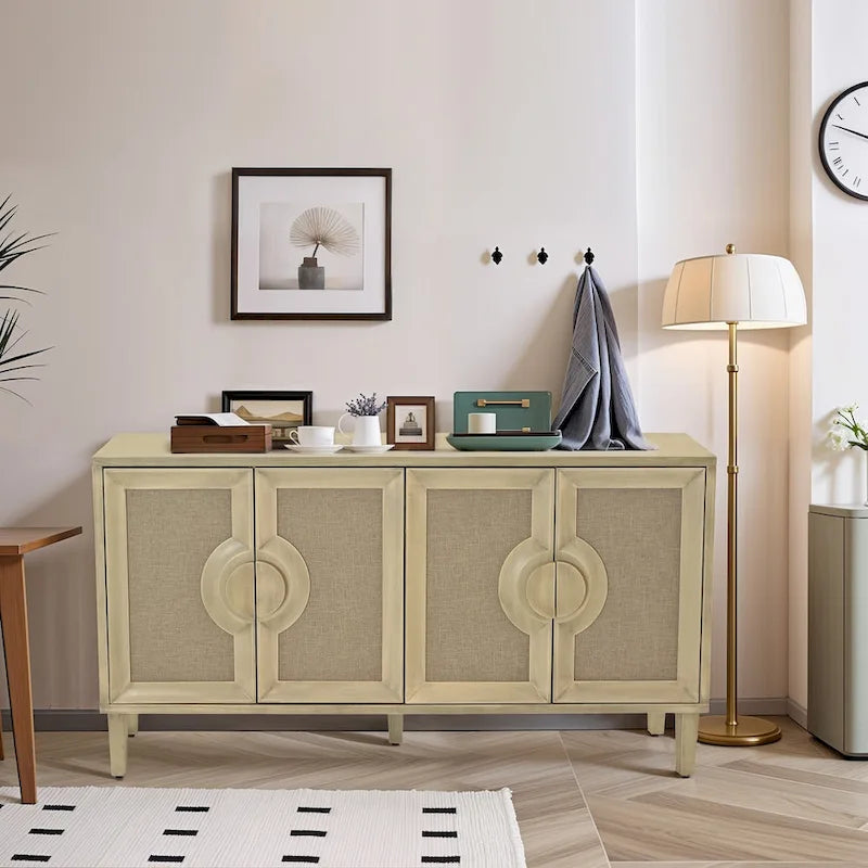 4-Door Storage Cabinet with Linen Decorated Doors and Adjustable Shelf