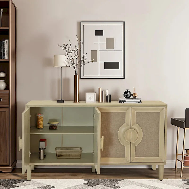 4-Door Storage Cabinet with Linen Decorated Doors and Adjustable Shelf