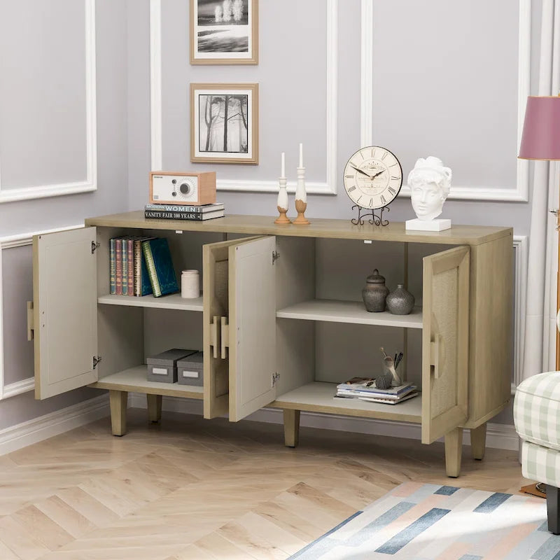 4-Door Storage Cabinet with Linen Decorated Doors and Adjustable Shelf