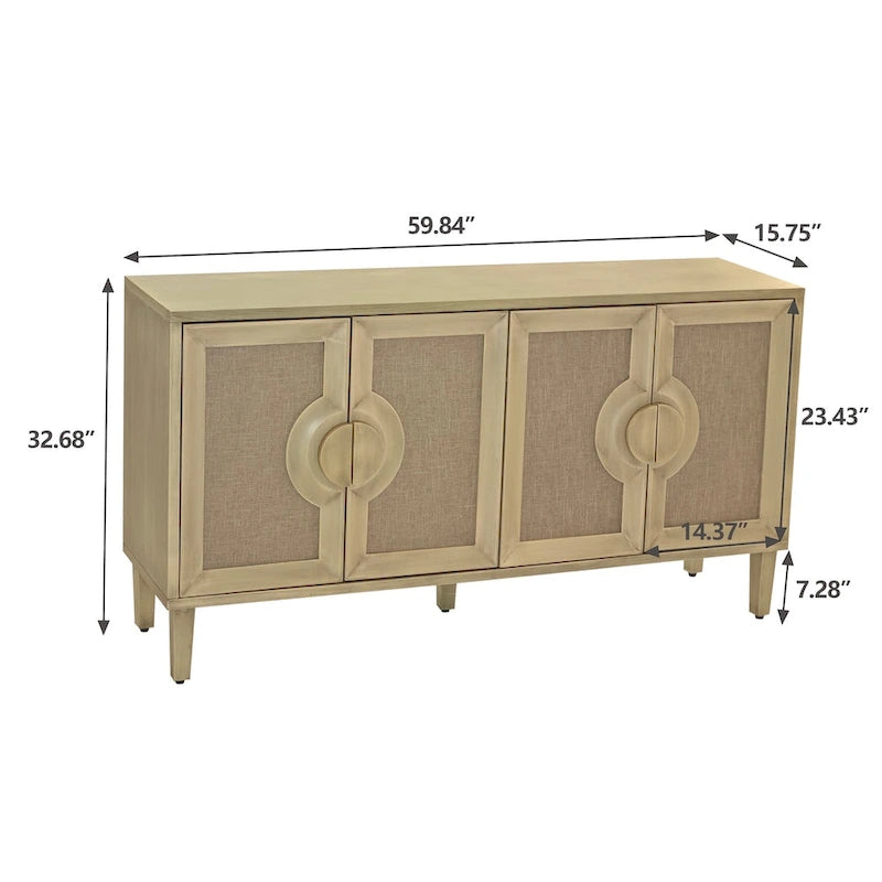 4-Door Storage Cabinet with Linen Decorated Doors and Adjustable Shelf