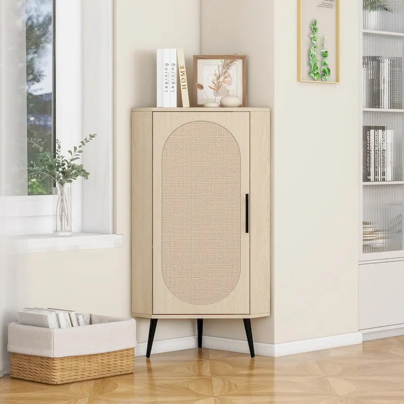Freestanding Corner Cabinet with Rattan Door