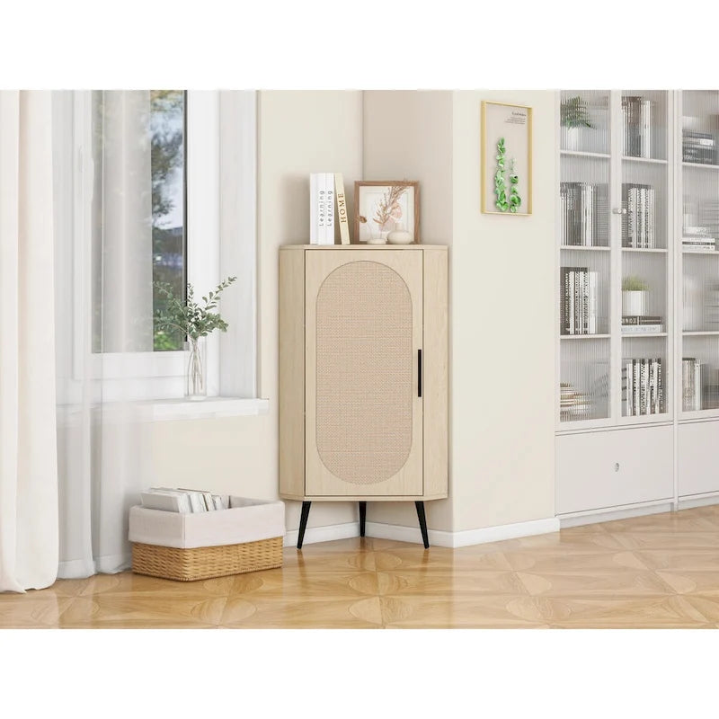 Freestanding Corner Cabinet with Rattan Door