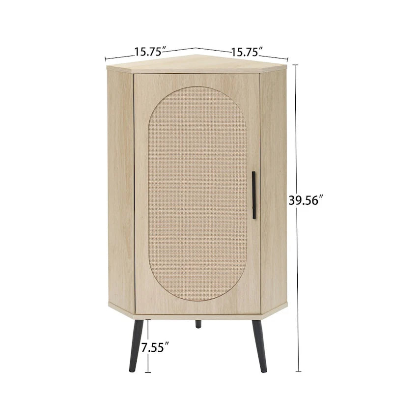 Freestanding Corner Cabinet with Rattan Door