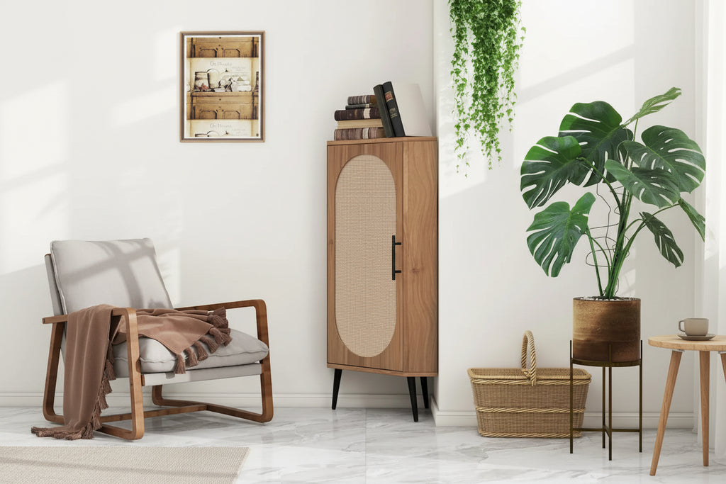 Freestanding Corner Cabinet with Rattan Door