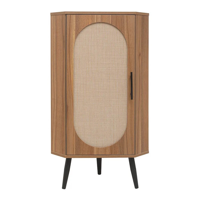 Freestanding Corner Cabinet with Rattan Door