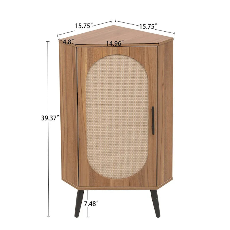 Freestanding Corner Cabinet with Rattan Door