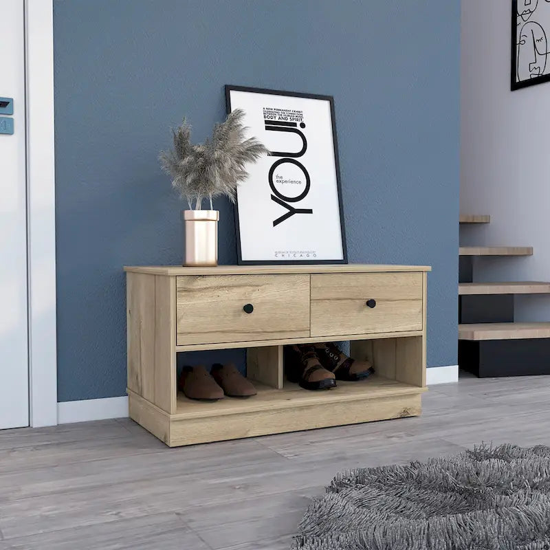 Storage Bench with Lower Shelf and Two Drawers – Light Oak Finish