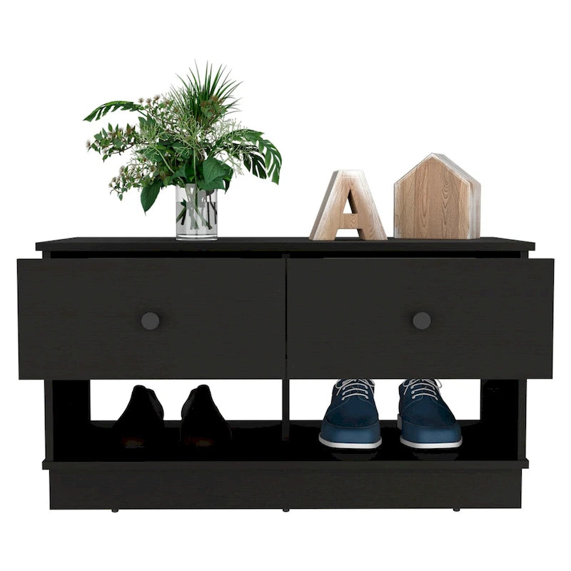 Storage Bench with Lower Shelf and Two Drawers – Light Oak Finish