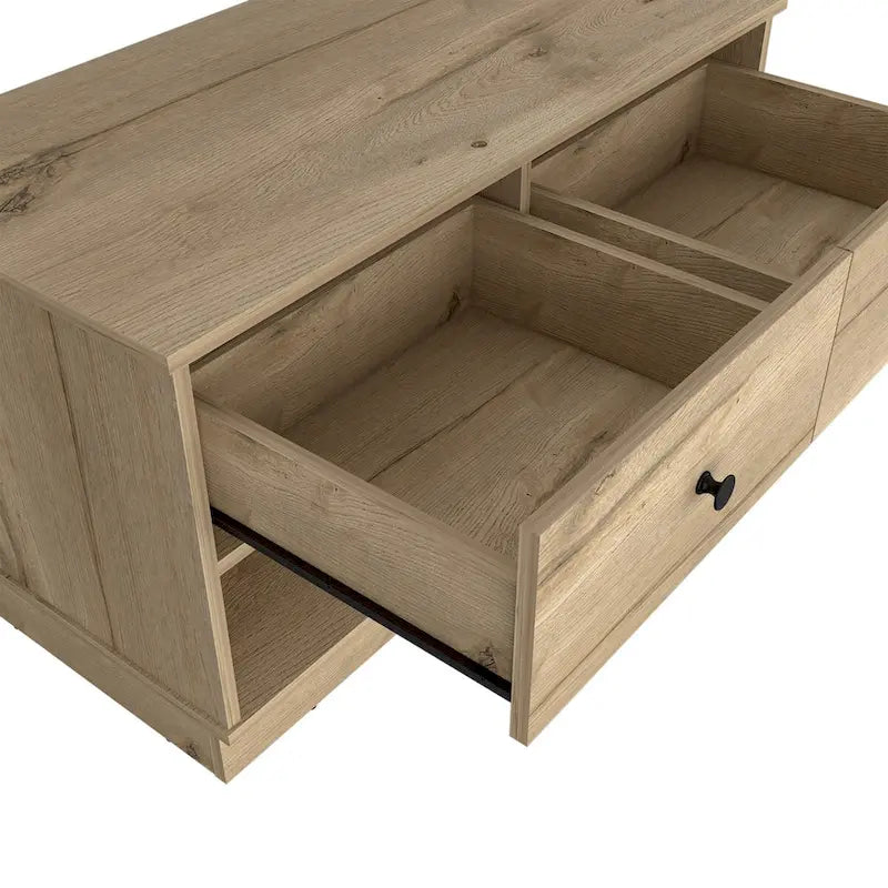 Storage Bench with Lower Shelf and Two Drawers – Light Oak Finish