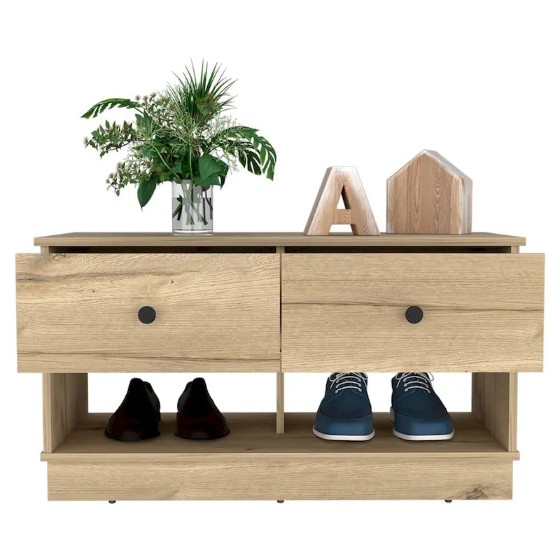 Storage Bench with Lower Shelf and Two Drawers – Light Oak Finish