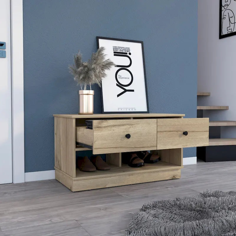 Storage Bench with Lower Shelf and Two Drawers – Light Oak Finish