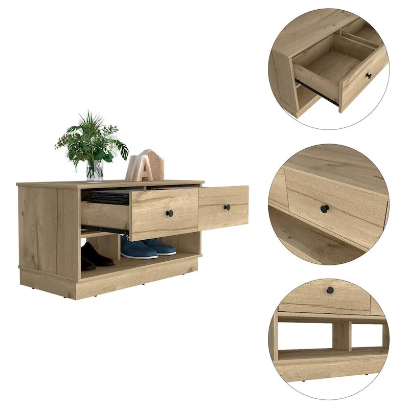 Storage Bench with Lower Shelf and Two Drawers – Light Oak Finish