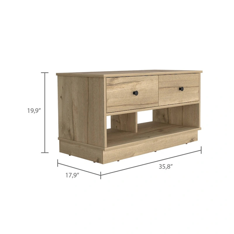 Storage Bench with Lower Shelf and Two Drawers – Light Oak Finish