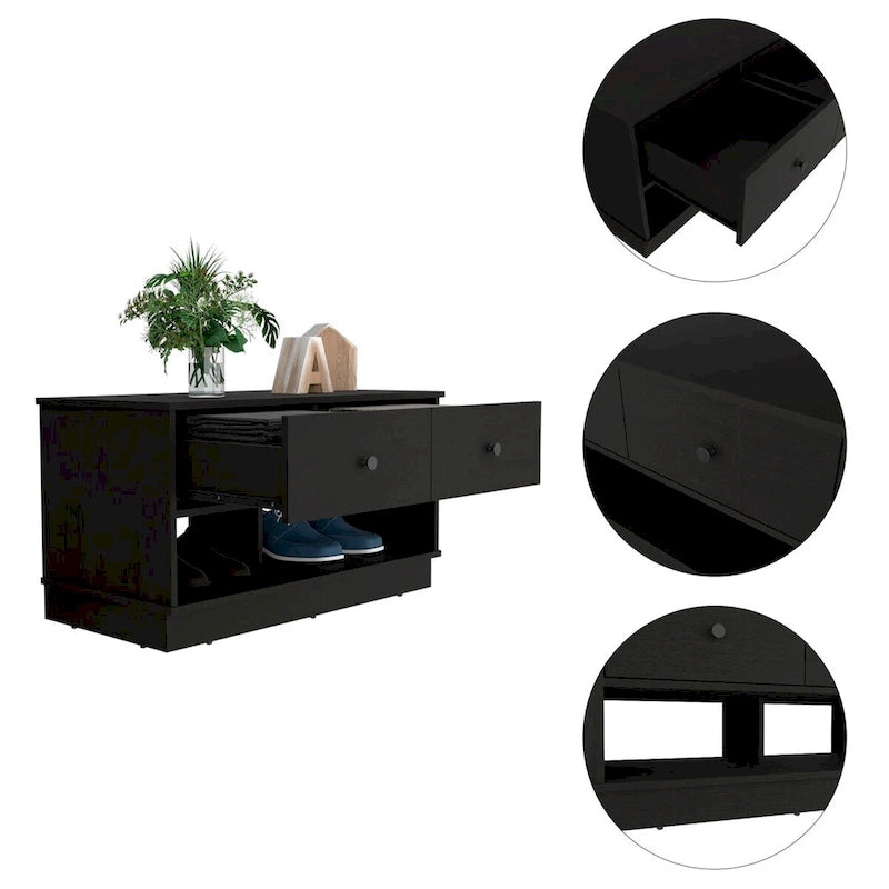 Storage Bench with Lower Shelf and Two Drawers – Light Oak Finish