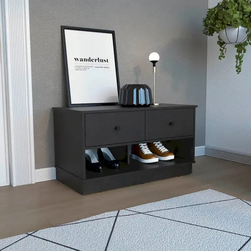 Storage Bench with Lower Shelf and Two Drawers – Light Oak Finish