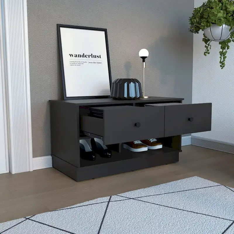 Storage Bench with Lower Shelf and Two Drawers – Light Oak Finish