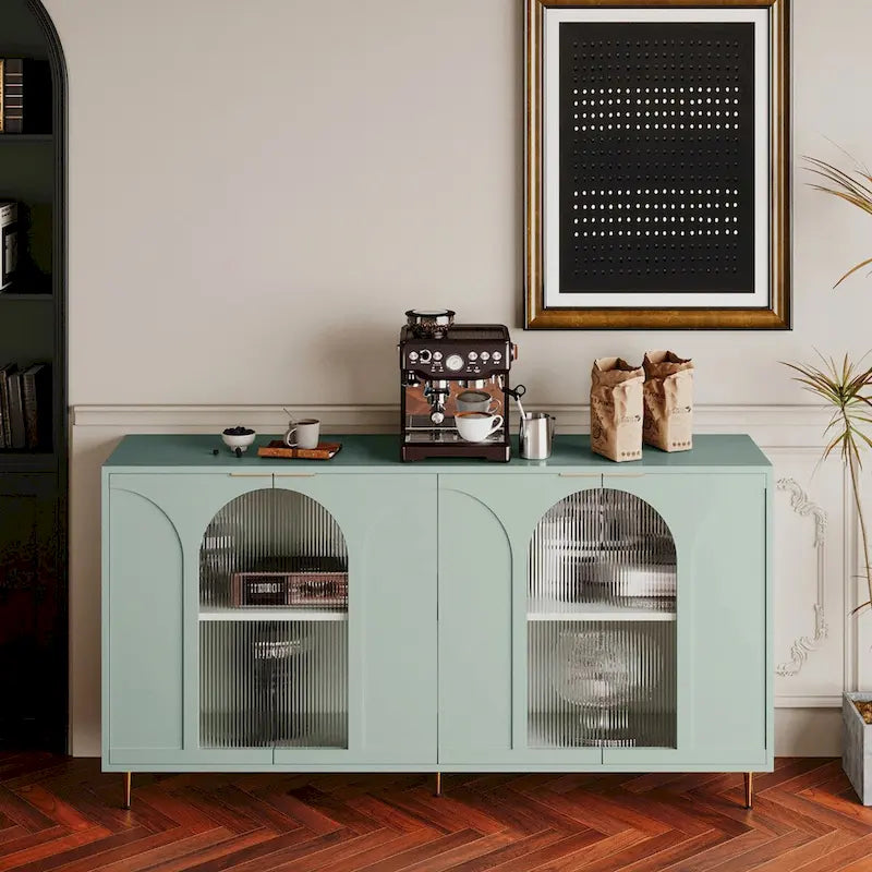 Mint Green Sideboard Buffet Cabinet with 4 Glass Doors