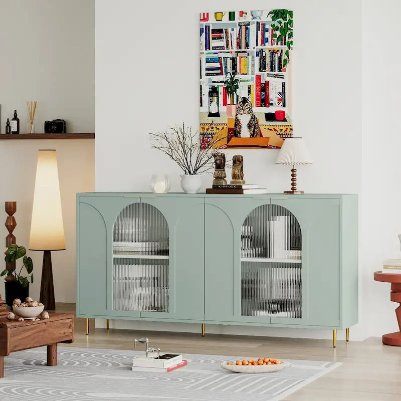 Mint Green Sideboard Buffet Cabinet with 4 Glass Doors